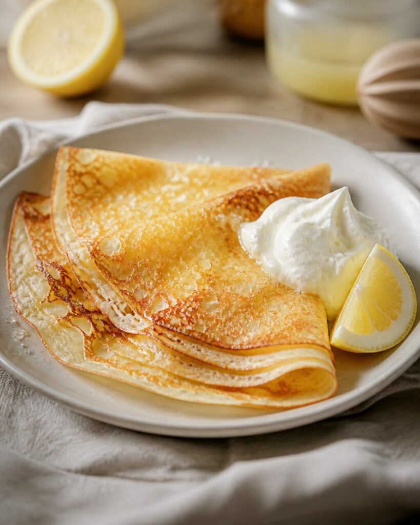 Crêpes fines pliées avec crème fouettée et citron