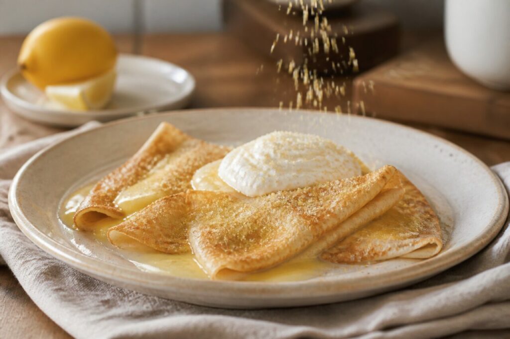 Sucre blond saupoudré au-dessus des crêpes citronnées