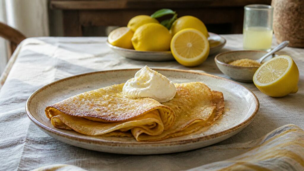 Table garnie de crêpes, agrumes et verre de jus