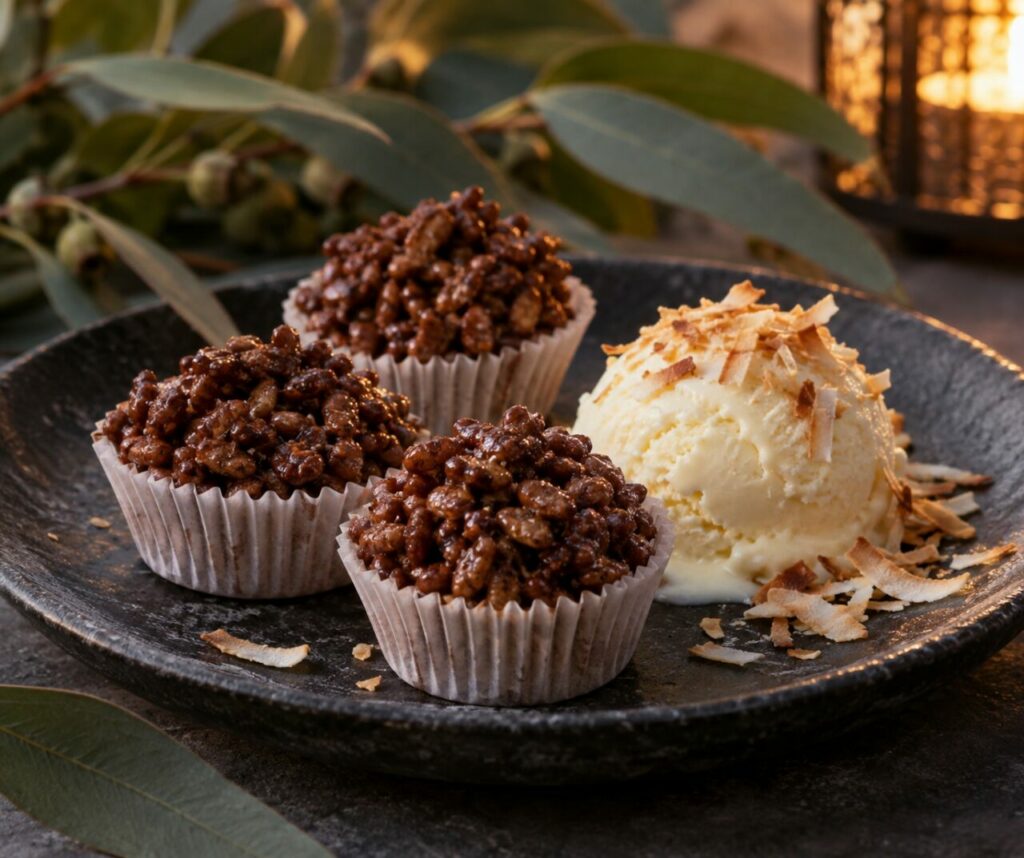 Crépuscule Chocolate crackles avec glace vanille et coco grillée