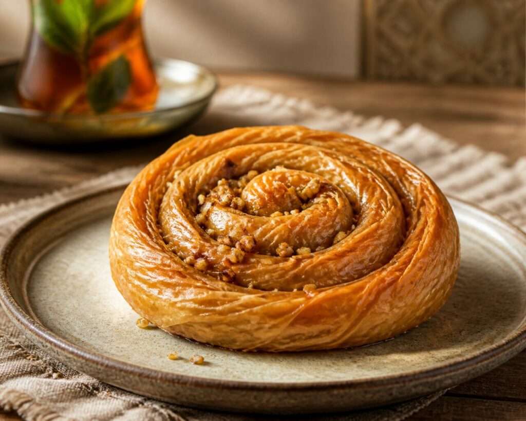 Crisp ridges crown the spiral walnut baklava