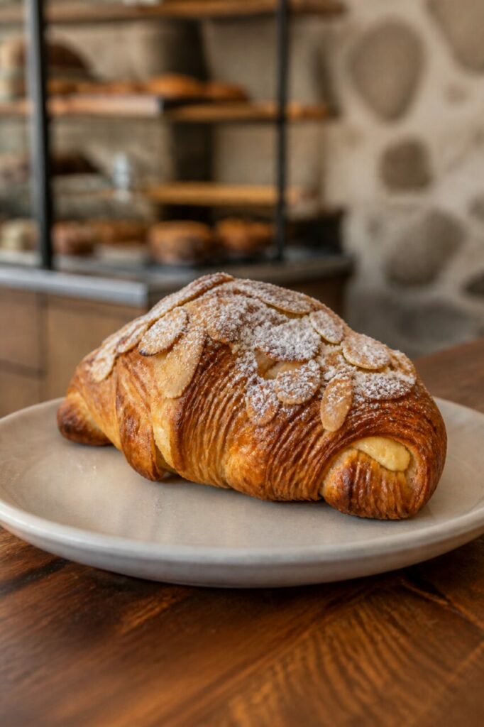 Viennoiserie dorée devant le comptoir de boulangerie