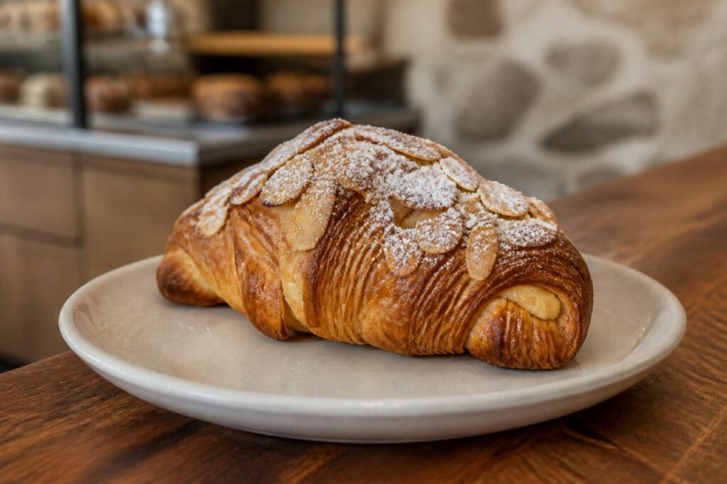Croissant aux amandes servi entier dans son assiette claire