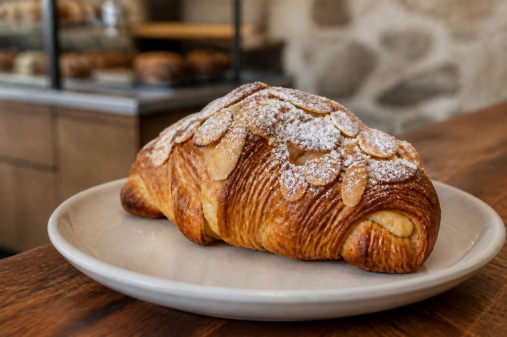 Croûte feuilletée couverte d'amandes sous un voile blanc