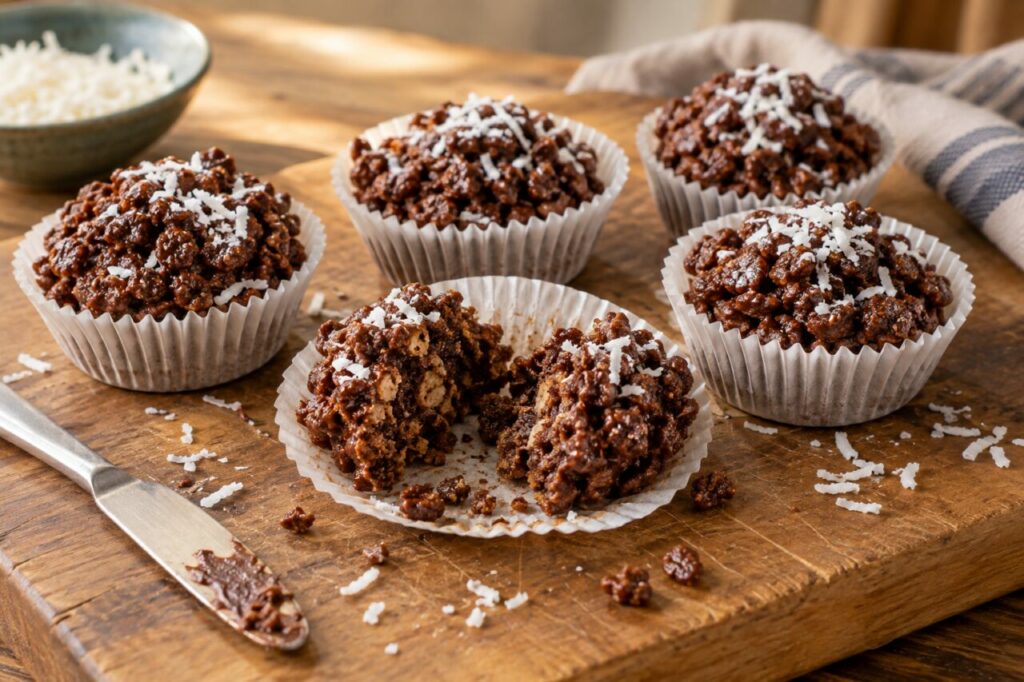 Chocolate crackles spezzati su tagliere con cocco