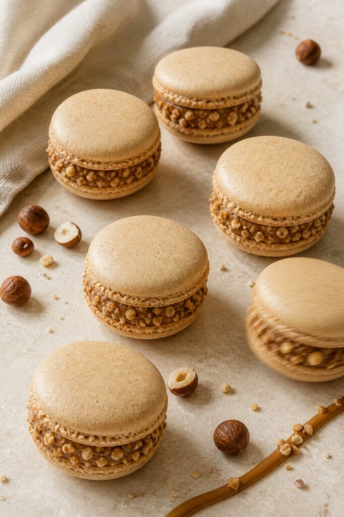 Crunchy nut border circles the filling of the hazelnut macarons