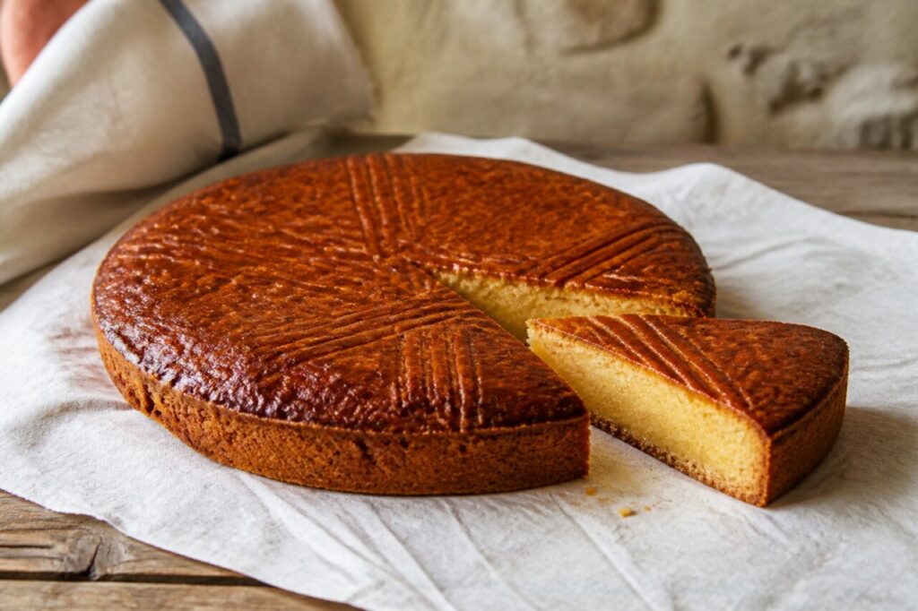Amber crust bears even lines on the Breton salted-butter cake