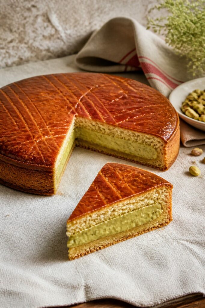 Glossy crust and green centre distinguish the pistachio Basque cake