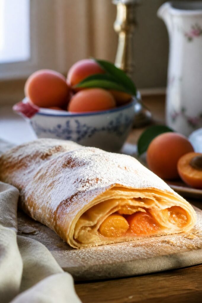 Crumbly crust and icing sugar top the Marillenstrudel