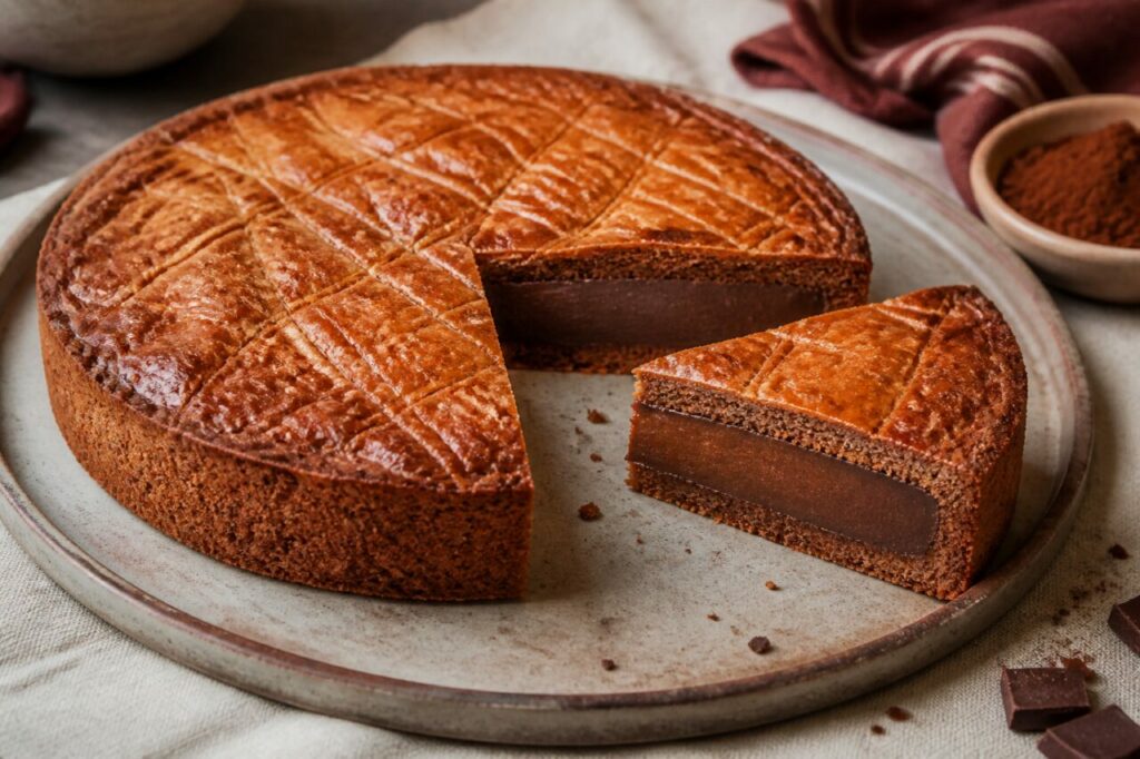 Corteza cuadriculada del pastel vasco de chocolate cortado