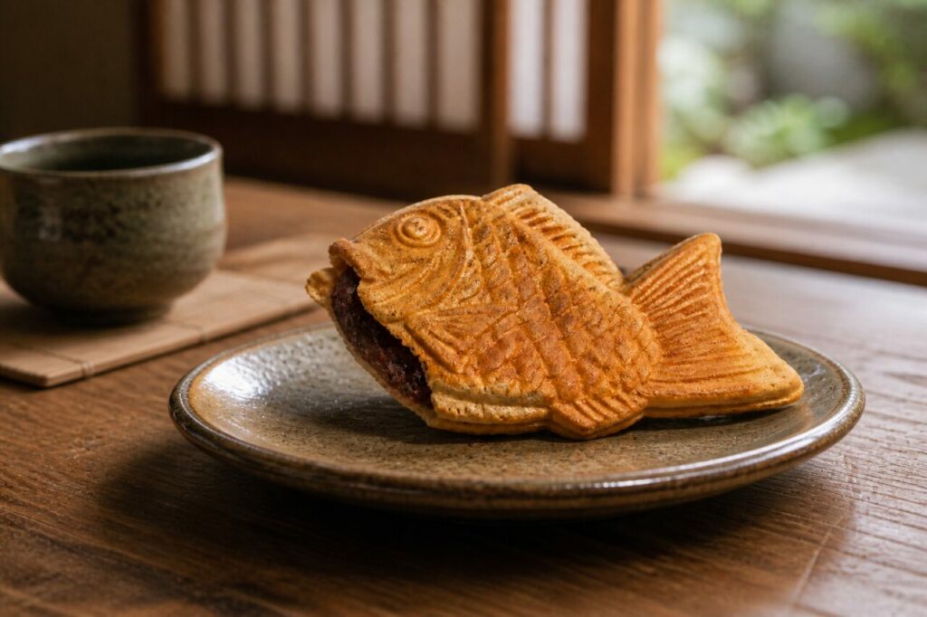 Croûte uniformément dorée du taiyaki reposant sur du bois
