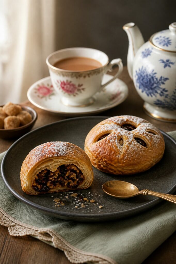 Cortezas brillantes en los Eccles cakes servidos con té