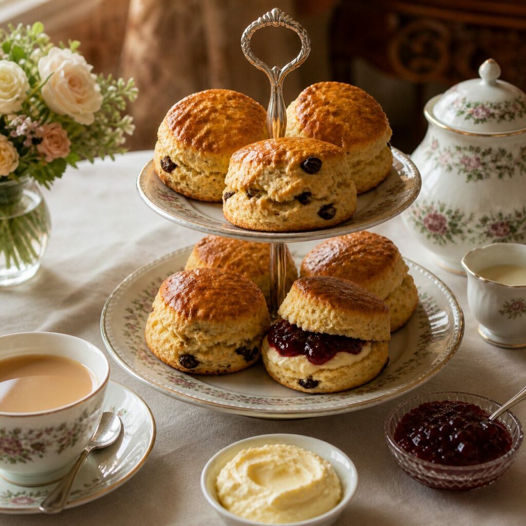 Croûtes dorées sur les scones aux raisins du goûter