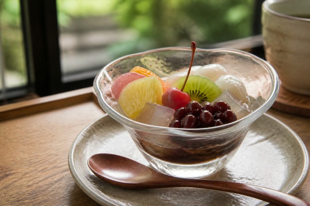 Cubos de gelatina translúcida en el anmitsu de frutas y azuki