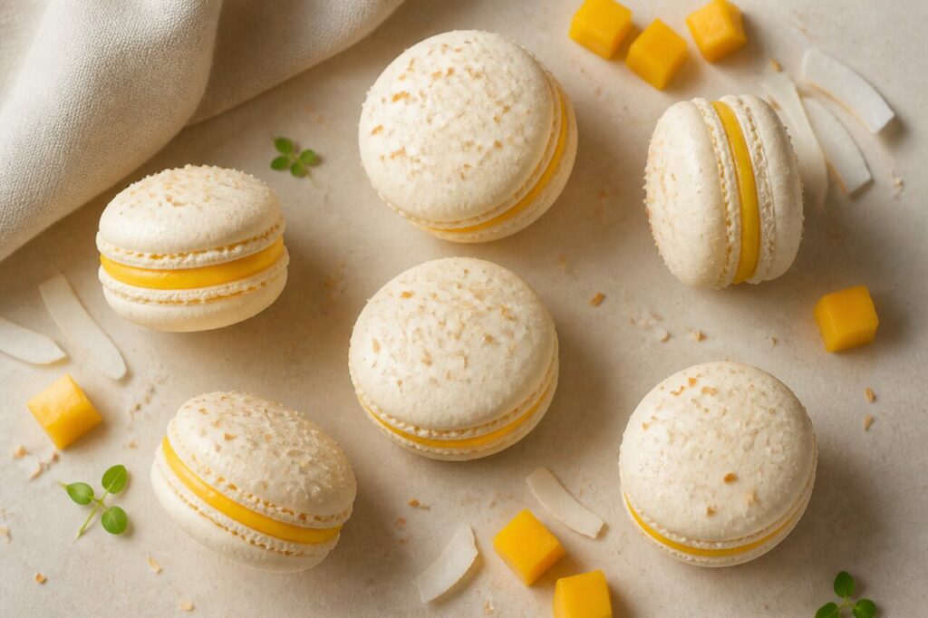 Cubes jaunes de mangue autour des macarons coco-mangue ivoire