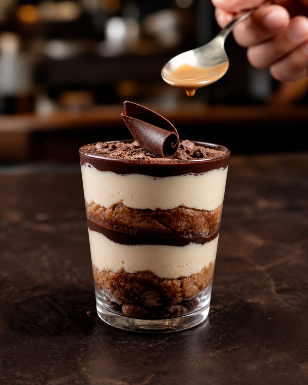 Cucchiaio di caffè sopra un tiramisù caffè-tonka al cioccolato