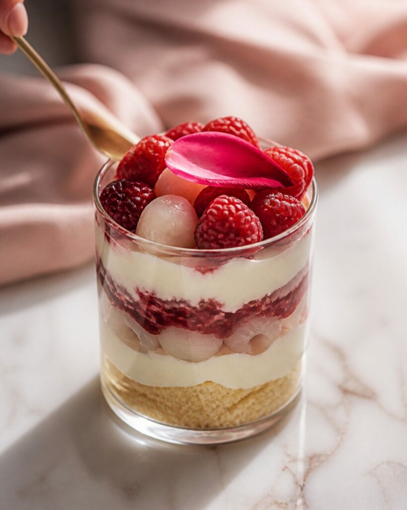 Cuillère dorée près d’une verrine framboise, litchi et rose