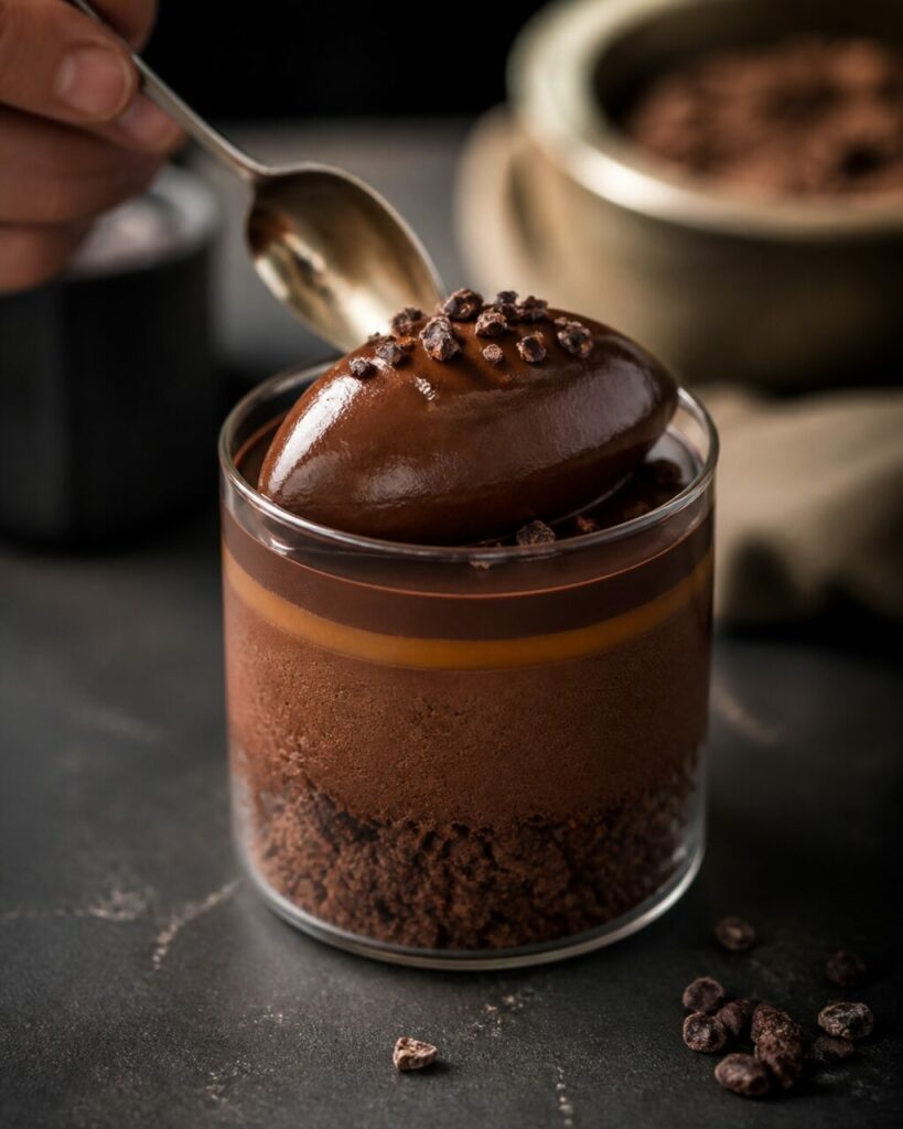 Cuillère près d’une quenelle sur une verrine de mousse au chocolat