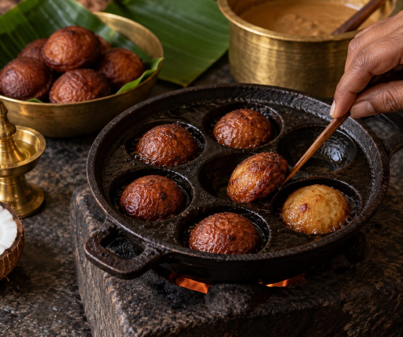 Cuisson: Cuisson des unniyappam du Kerala au bâtonnet de bois
