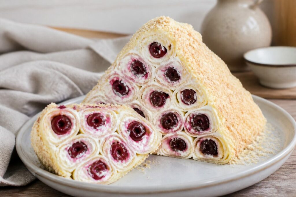 Cușma lui Guguță moldave en pyramide de crêpes roulées, cerises et crème visibles