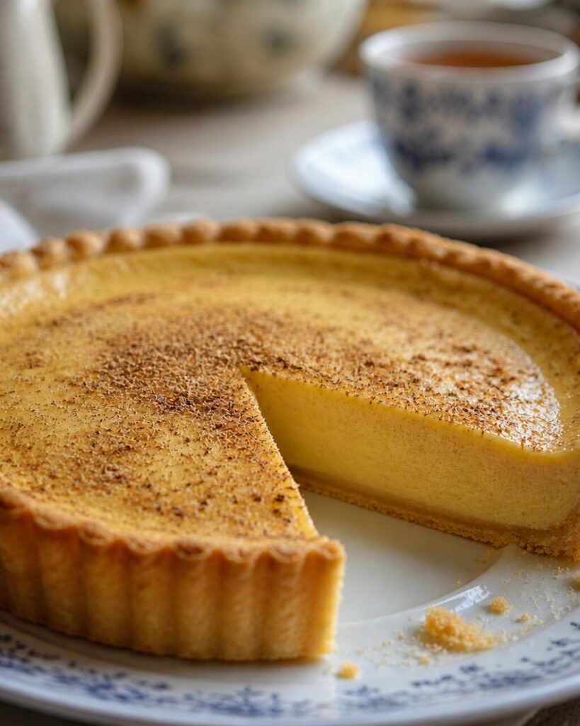 Crème soyeuse et muscade visibles dans la coupe de tarte