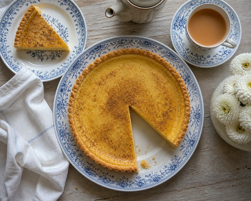 Tarte à la crème anglaise et à la muscade avec sa part et une tasse