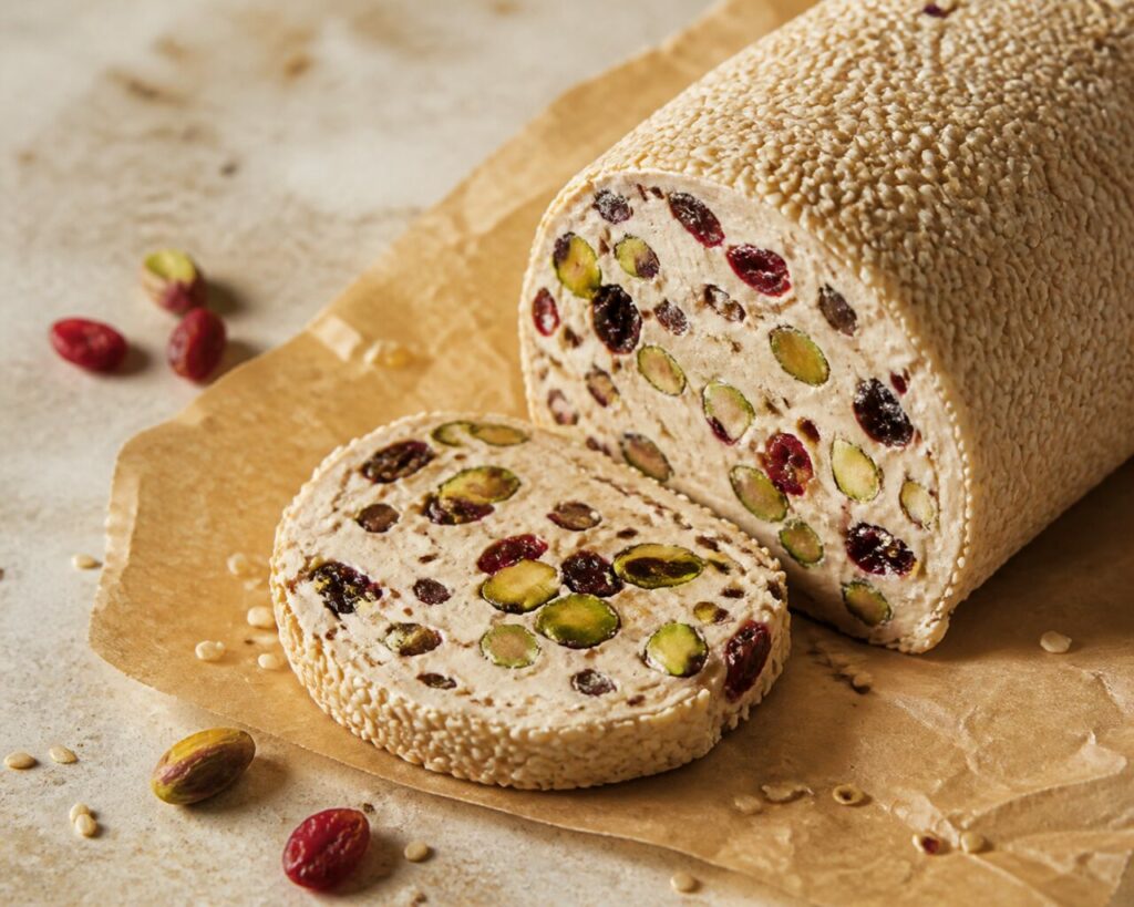 Cylindrical pistachio-cranberry nougat wrapped in sesame