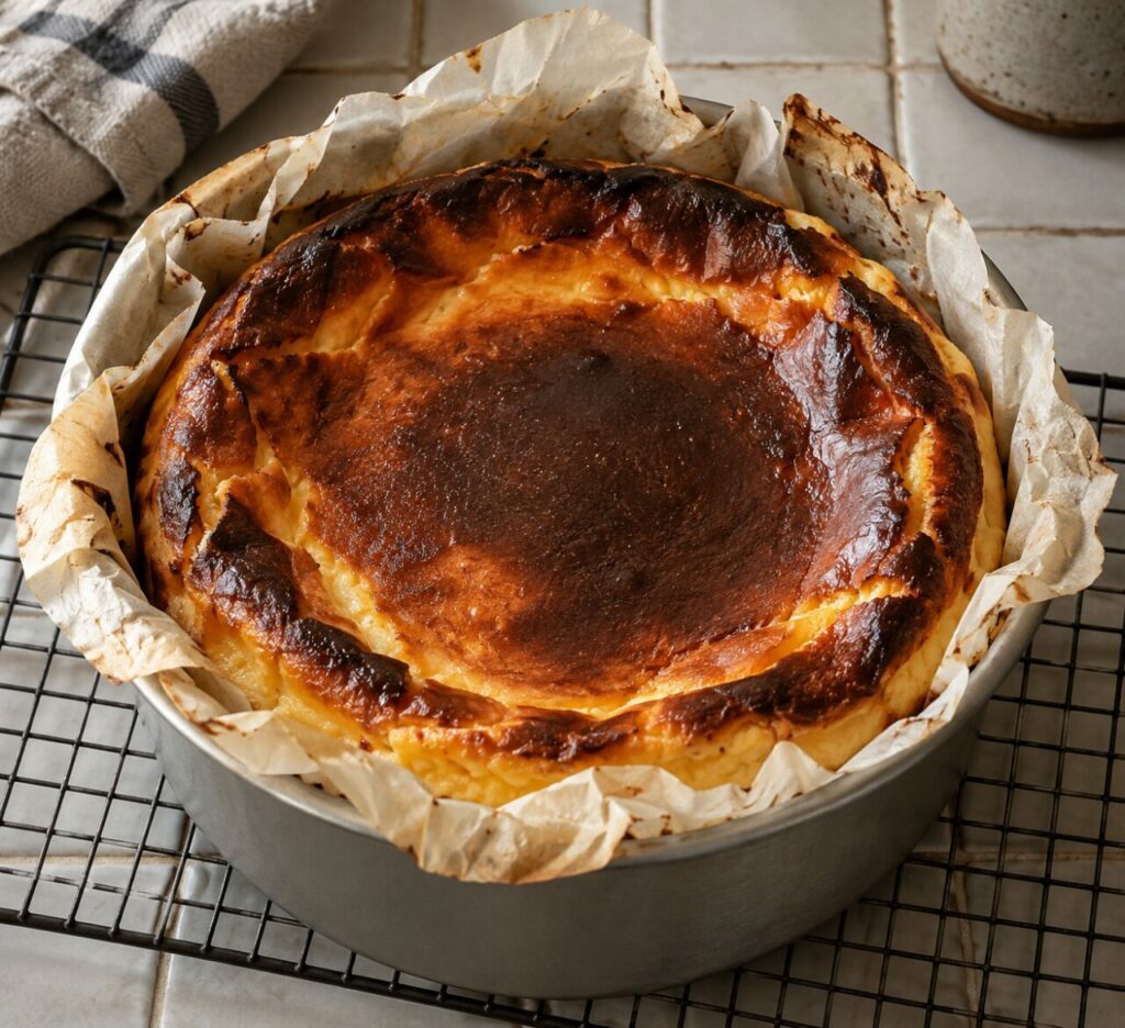 Inside its lined tin, Basque burnt cheesecake rests on a cooling rack