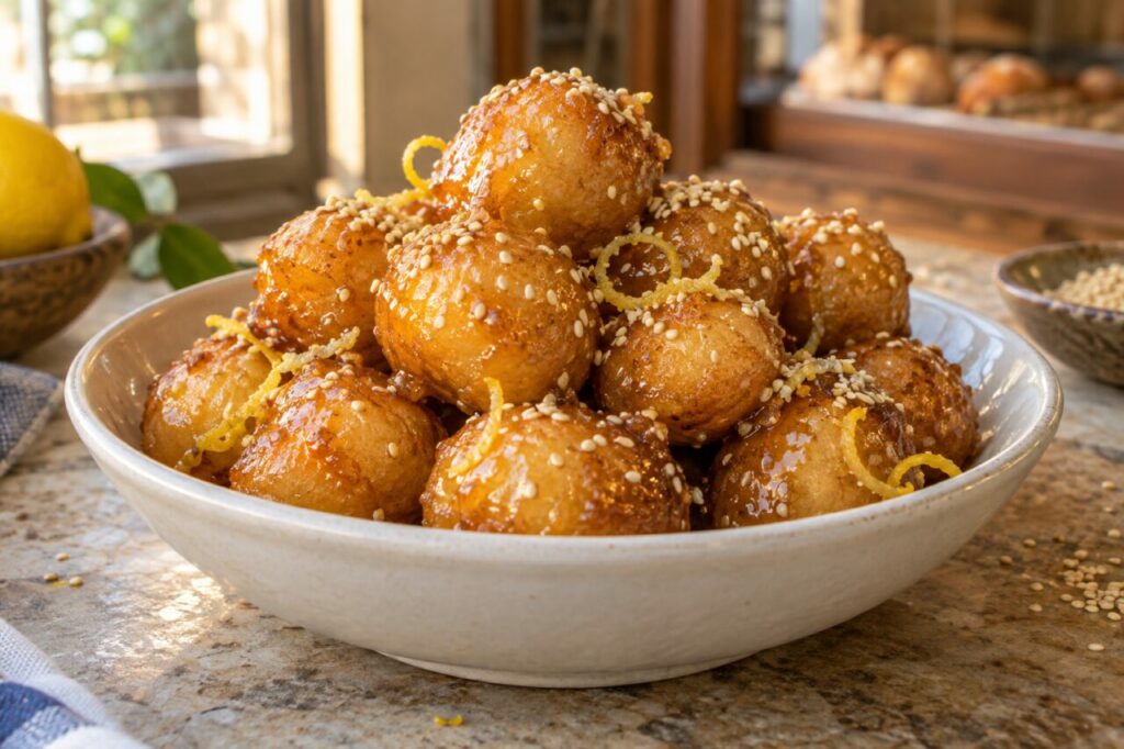 Dans un bol blanc, loukoumades grecs au miel, sésame et citron