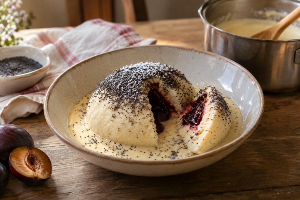 In una ciotola di ceramica, Germknödel austriaci con salsa alla vaniglia