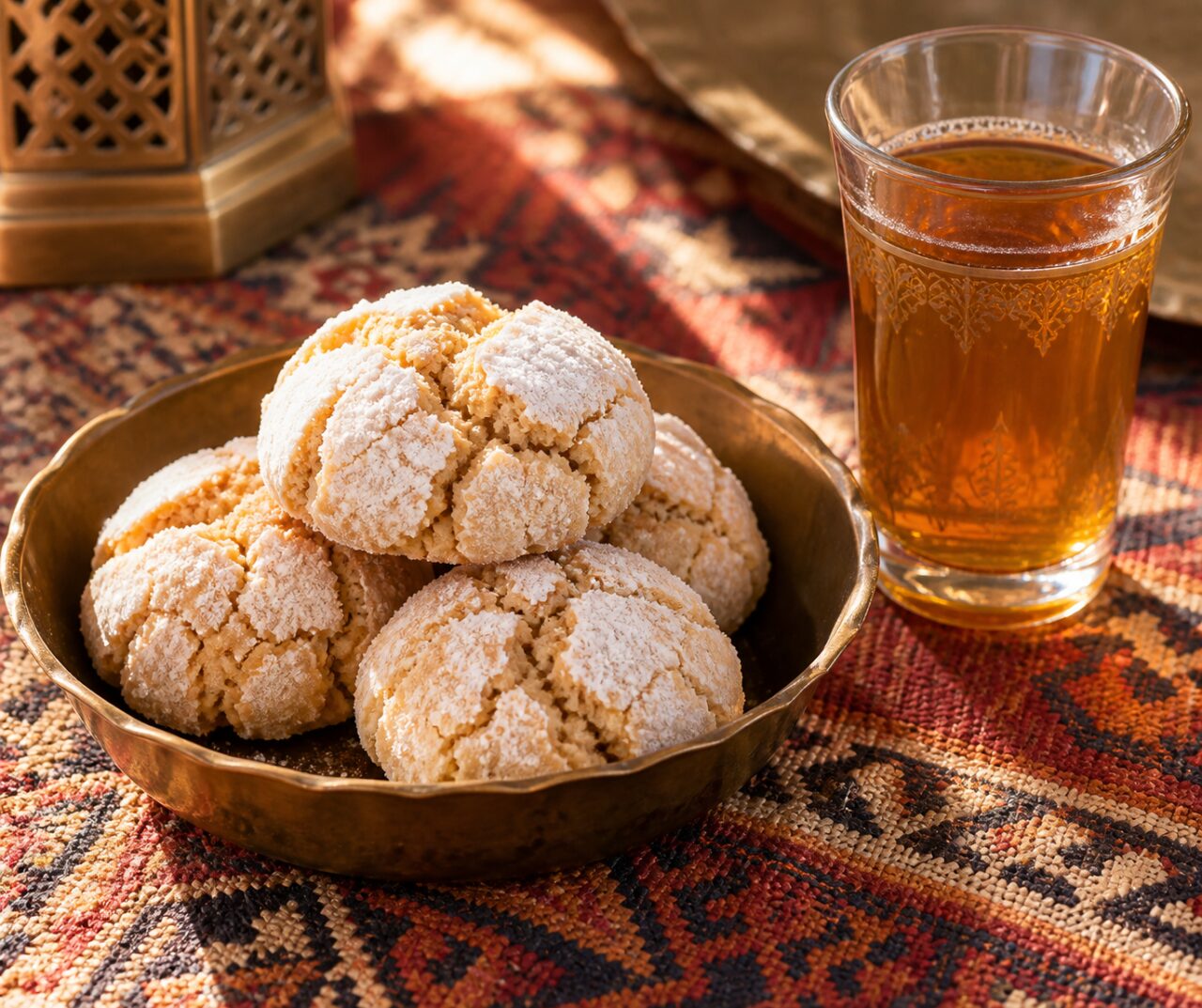 In a brass bowl, sugar-dusted Moroccan ghoriba beside tea