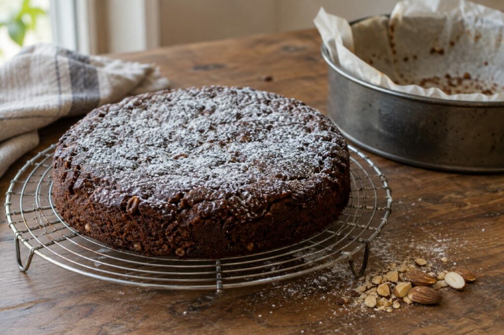 Baking tin with whole chocolate almond torta caprese beside a rack