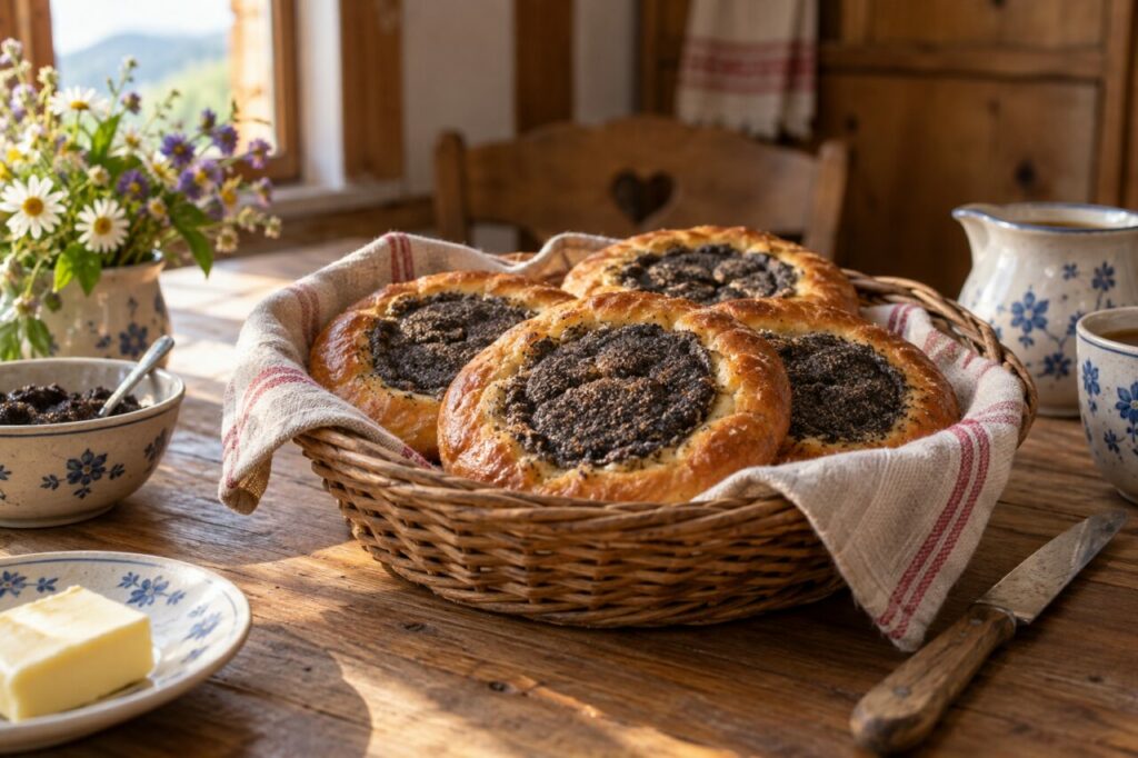 Mohnzelten do Waldviertel com papoila num cesto de quinta