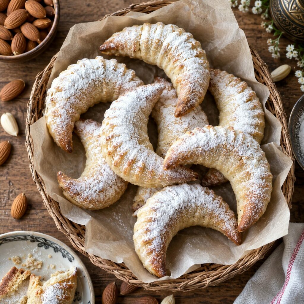 In a basket, almond-rich Algerian tcharek el ariane crescents