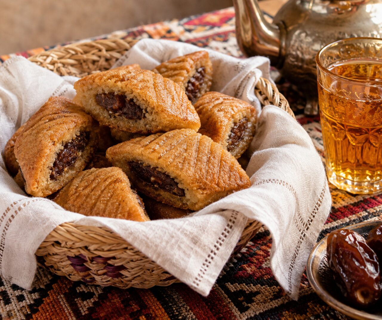 Dans un panier tressé, makroud marocain aux dattes avec thé ambré