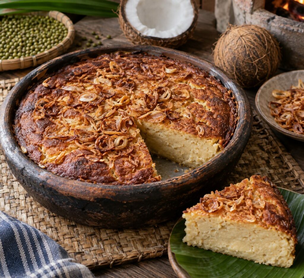 Dans un plat en terre, khanom mo kaeng au coco et haricot mungo