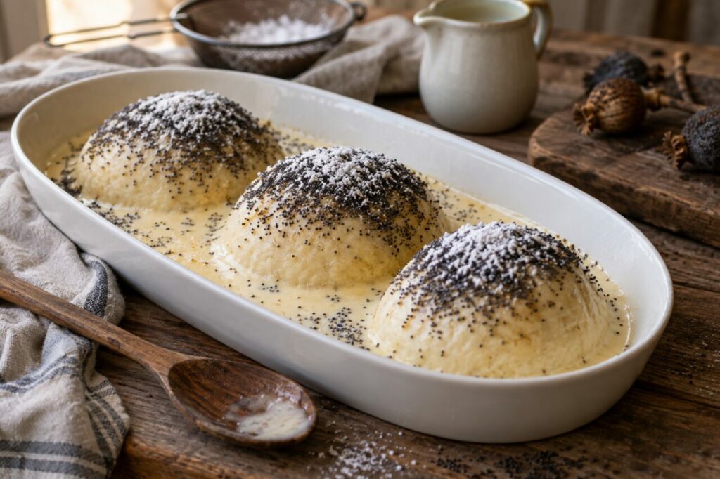 Su un piatto bianco, Germknödel austriaci allineati accanto alla salsa alla vaniglia