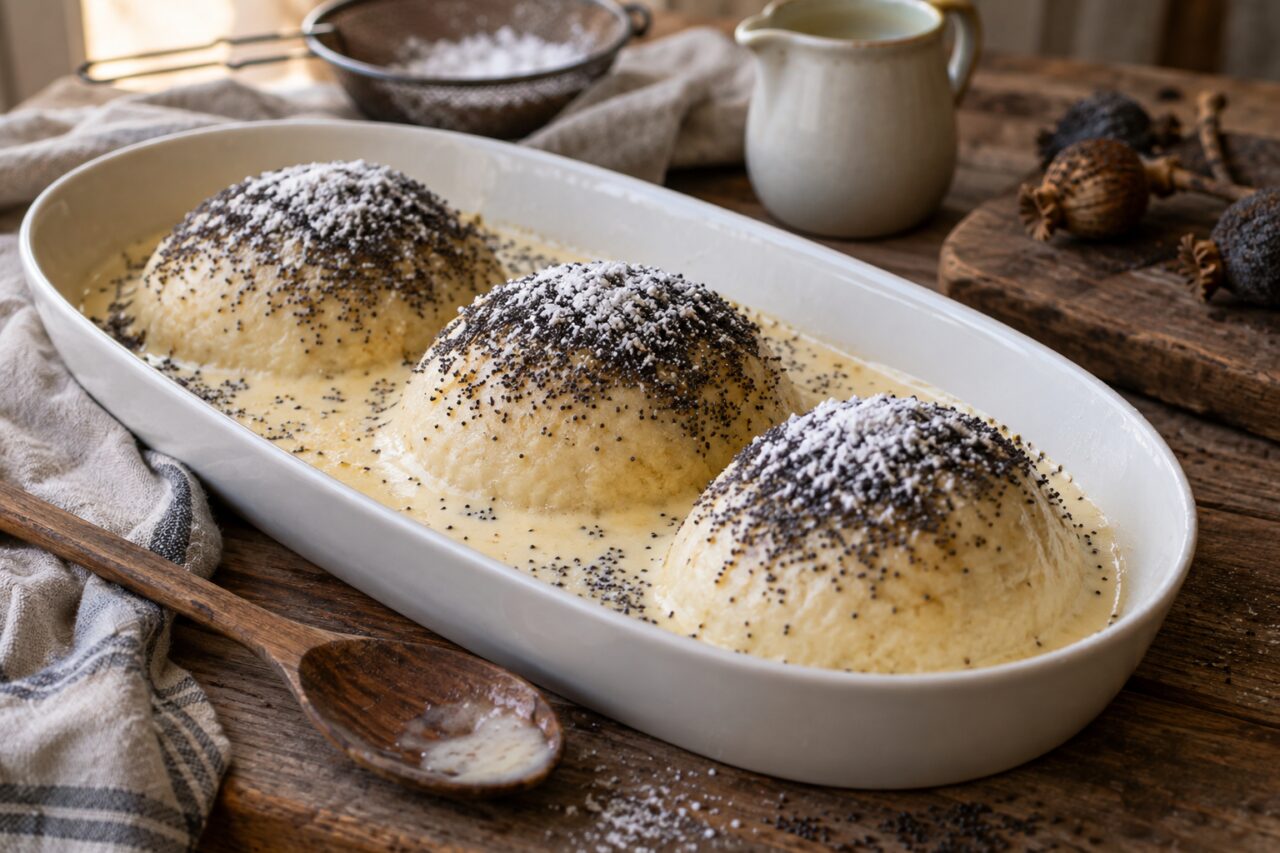 Dans une assiette blanche, Germknödel autrichiens alignés avec sauce vanille