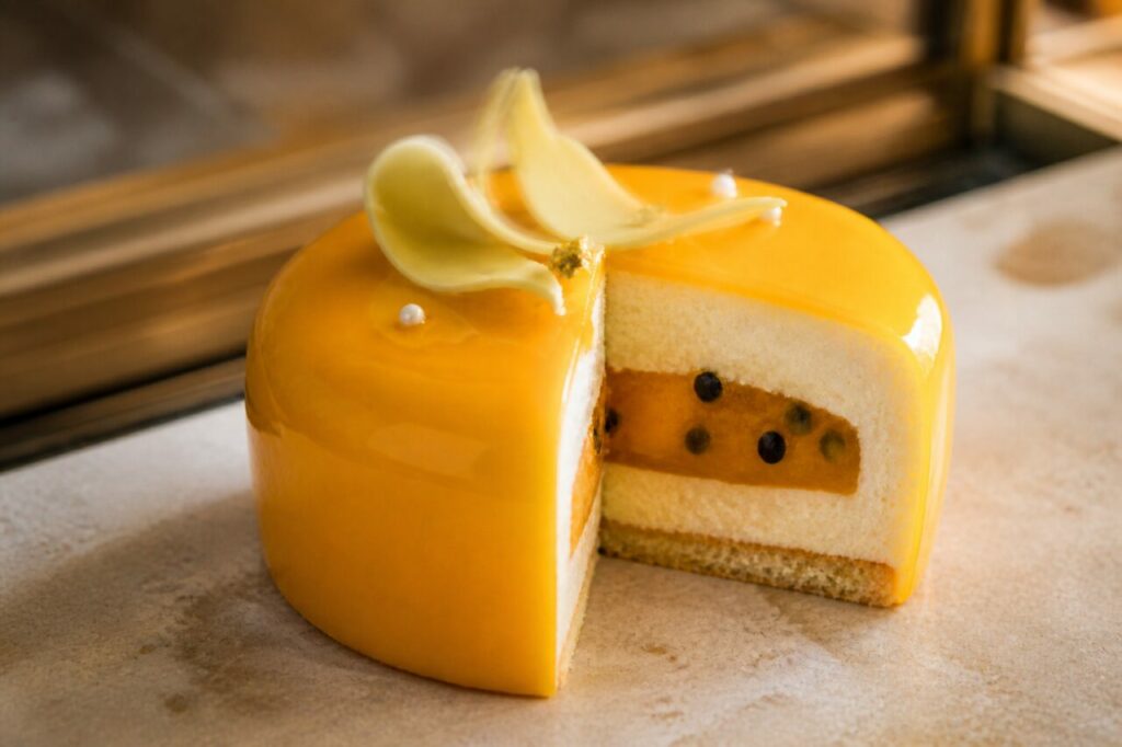 Décor blanc et cœur fruité apparent sur l'entremets mangue-passion