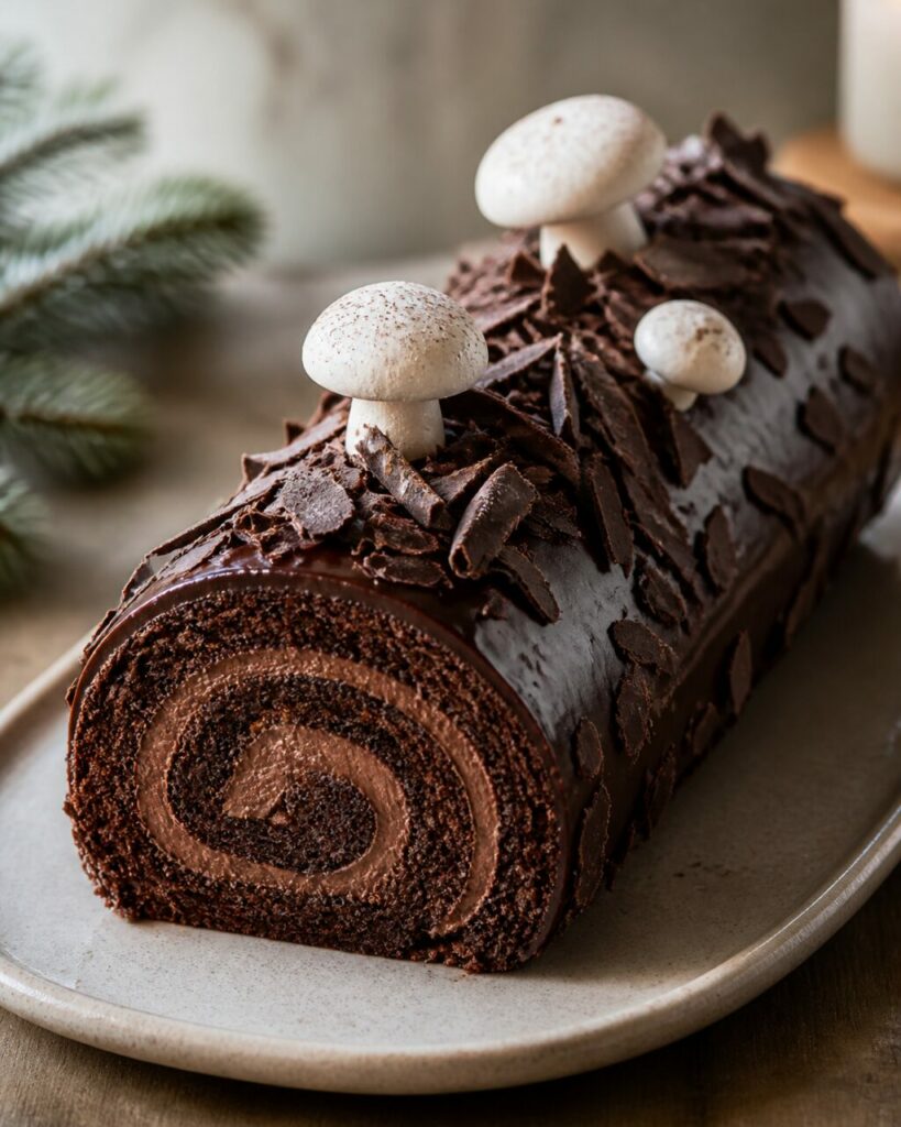 Décor de petits champignons en meringue sur la bûche au chocolat noir