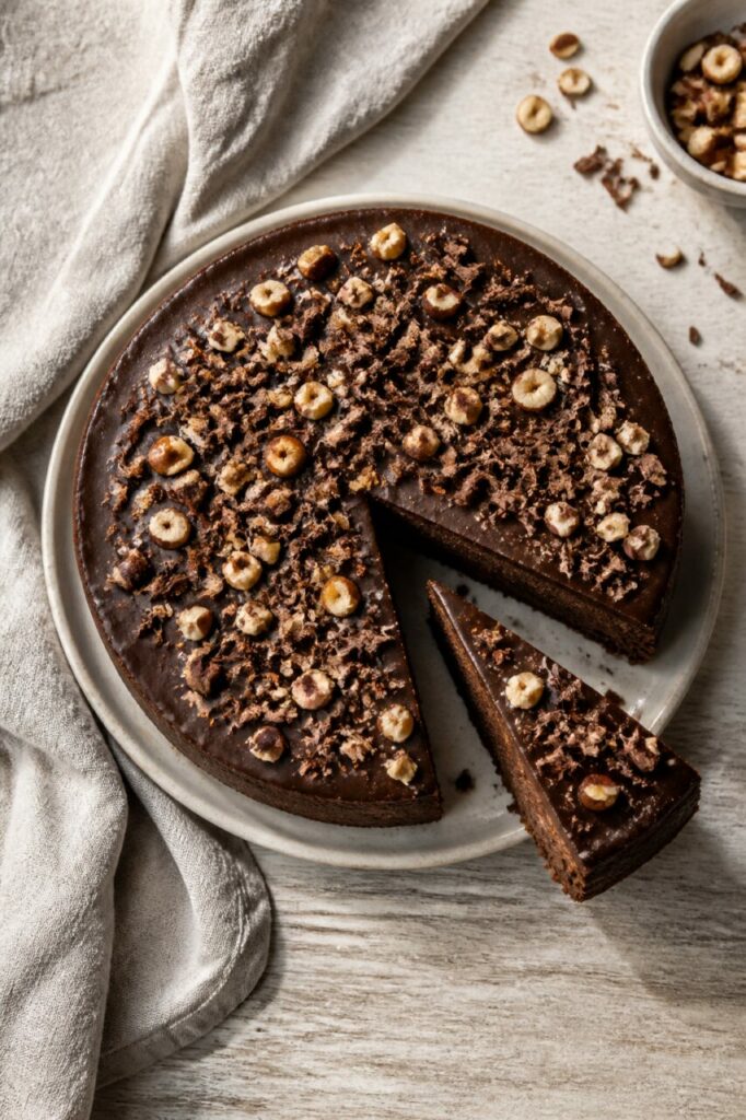 Découpe nette du cheesecake chocolat-noisettes et texture fondante