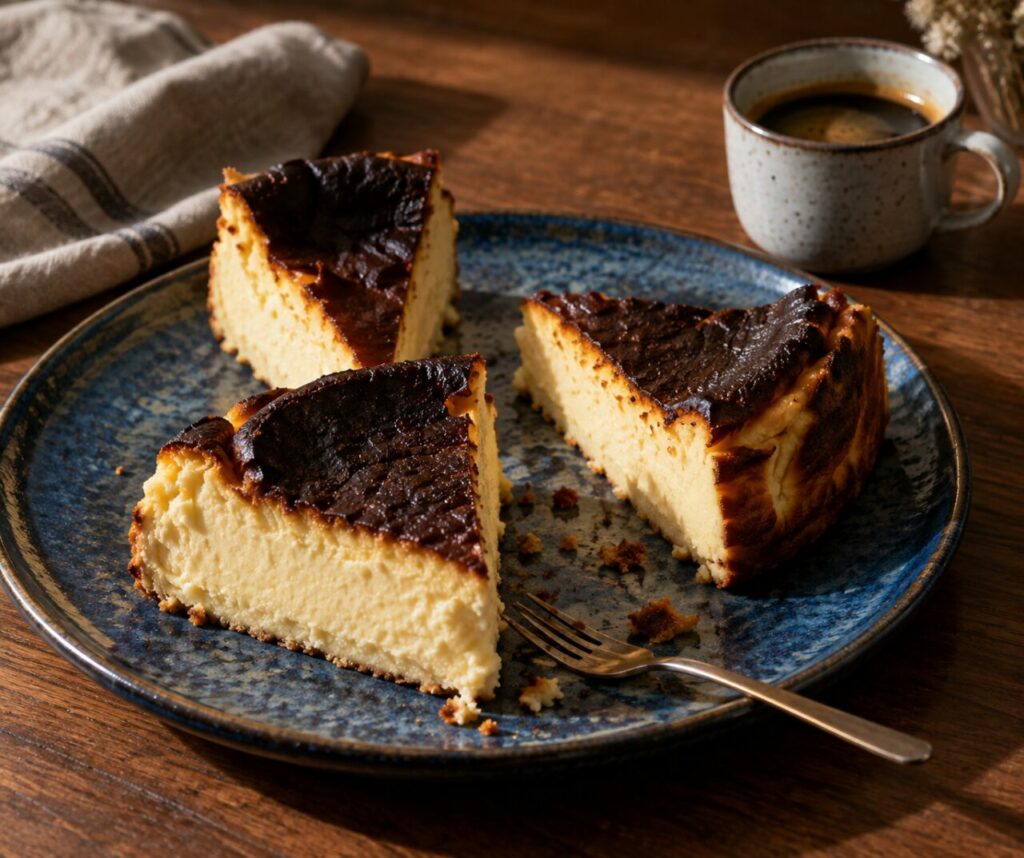Sliced on a dark board, Basque burnt cheesecake with a pale center