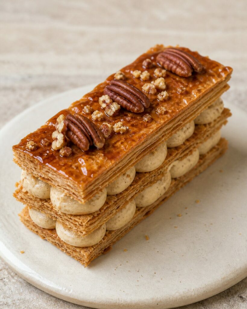Demi-noix de pécan lustrées couronnant le mille-feuille à l'érable