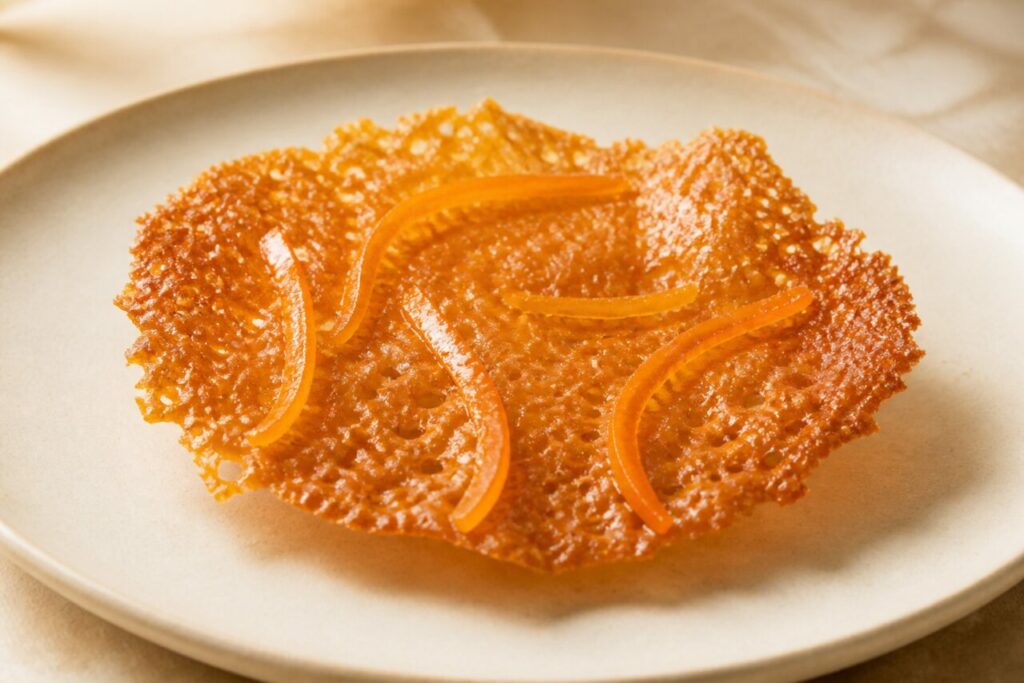 Encaje ámbar de la teja de caramelo con naranja confitada