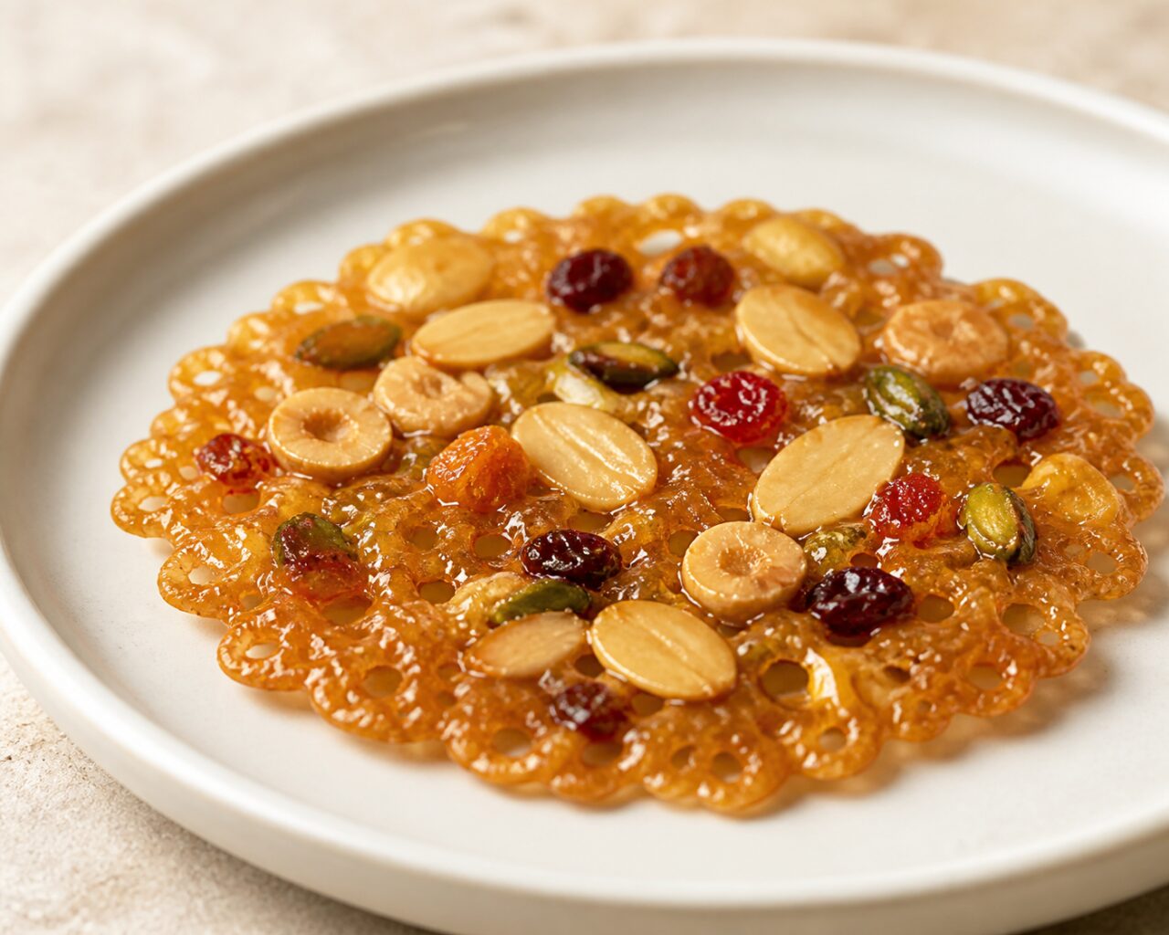 Amber caramel lace links the dried fruit in the Florentine