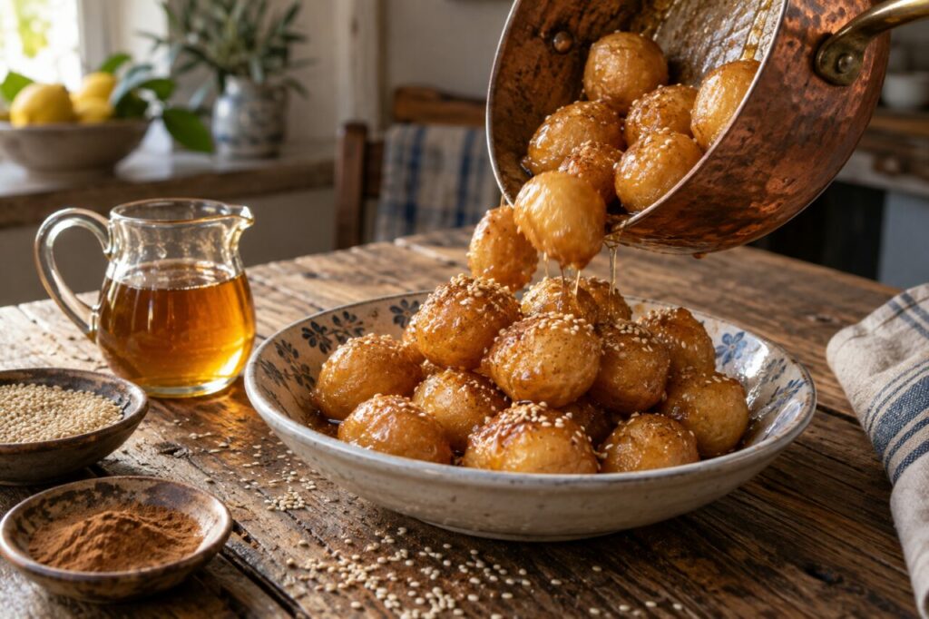 Depuis la casserole en cuivre, loukoumades grecs au miel servis dans un plat