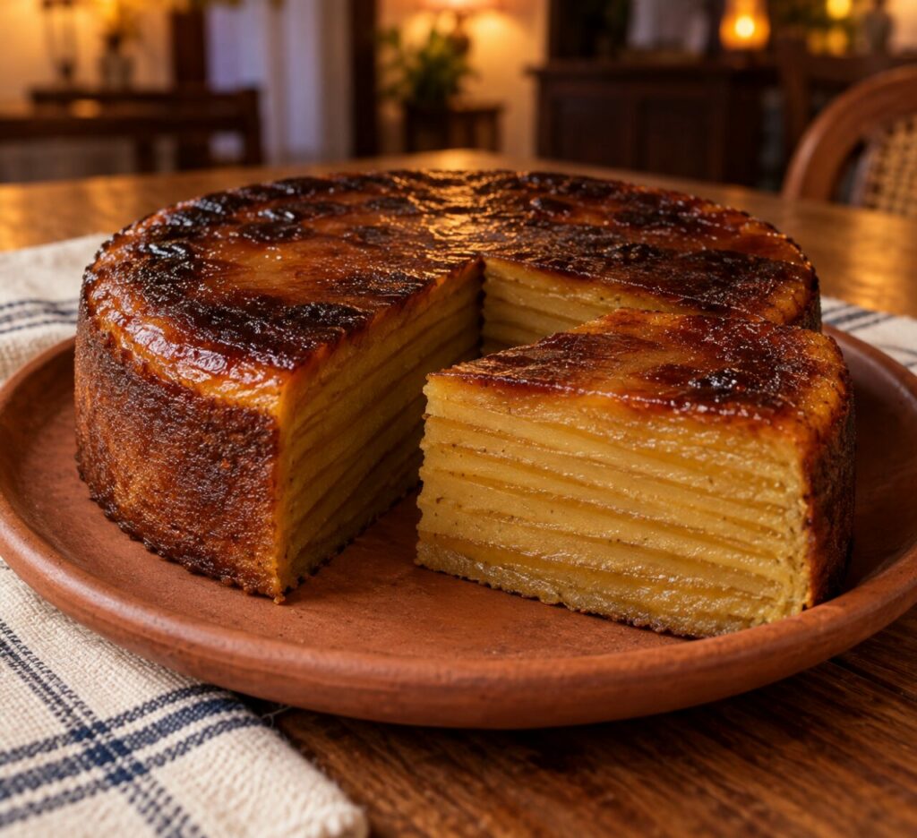 Dessert bebinca goan sur plat en terre cuite avec part généreuse