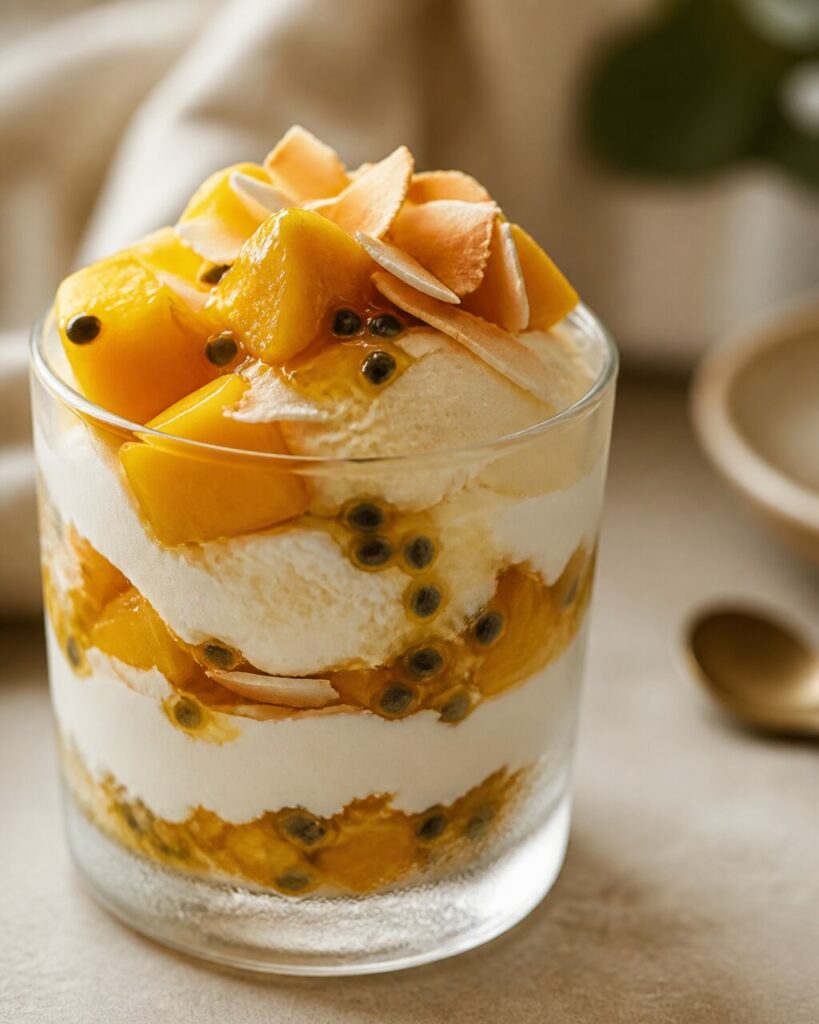 Dessert en verre, mangue, passion et copeaux de coco au sommet — Parfait glacé mangue-passion-coco en verrine