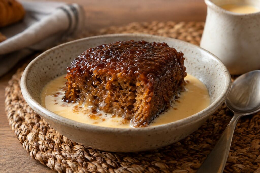 Dessert malva pudding sud-africain dans un bol en grès