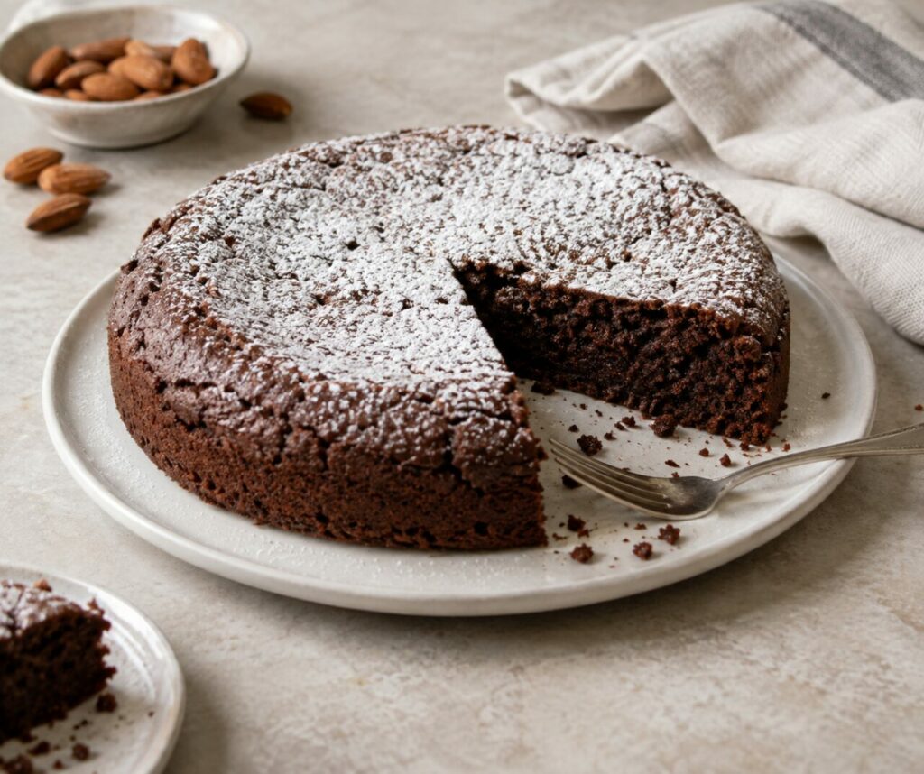 White plate with chocolate almond torta caprese dessert